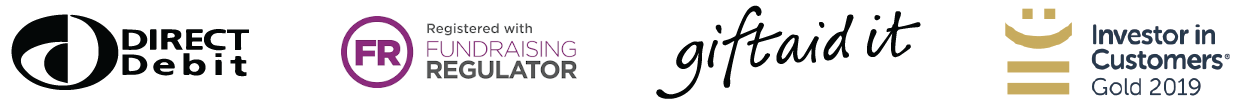 Direct Debit logo, Fundraising Regulator logo, GiftAid logo, Investor in Customers logo